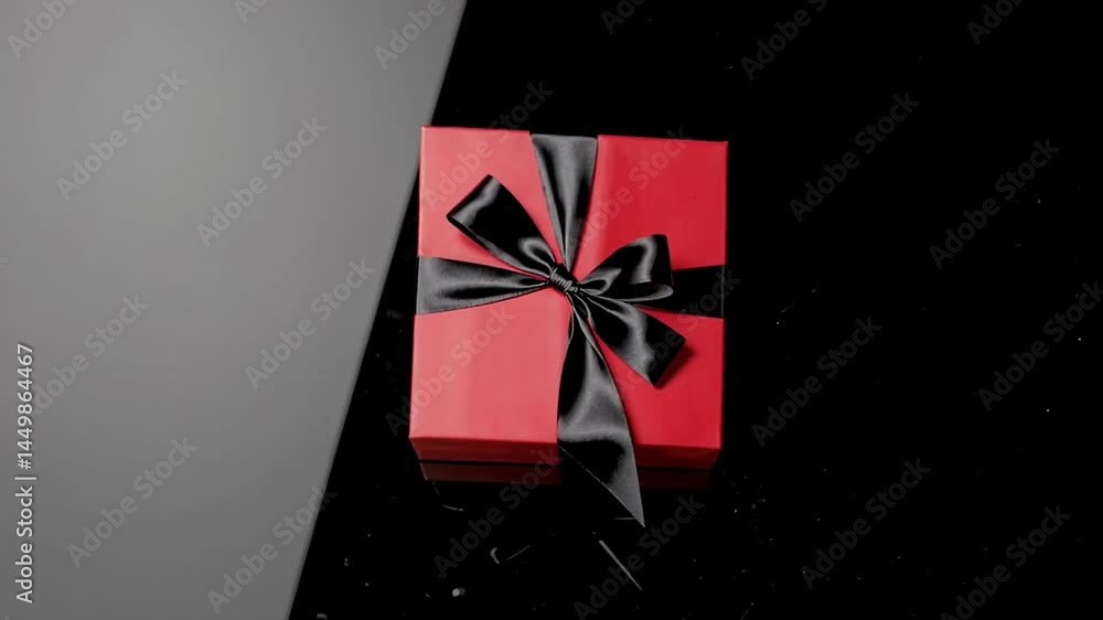 Poster elegant red gift box with a black ribbon bow, rotating slightly on a reflective black surface, creat