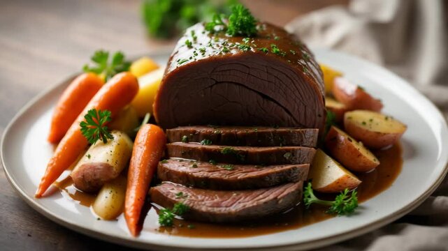 Hearty Family Dinner: A flavorful and tender slow-cooked beef pot roast paired with vegetables.