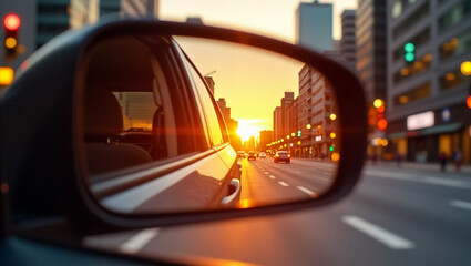 View from rear view mirror. View from rear view mirror of car on city street in golden hour with traffic lights in reflection.