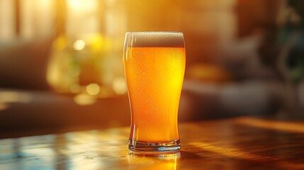 Sunlight illuminating a glass of hazy pale ale on a table creating an inviting atmosphere