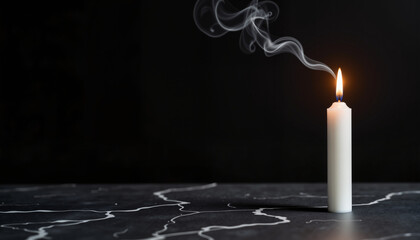 White candle burning down, smoke rising, dark background, for remembrance, sympathy cards