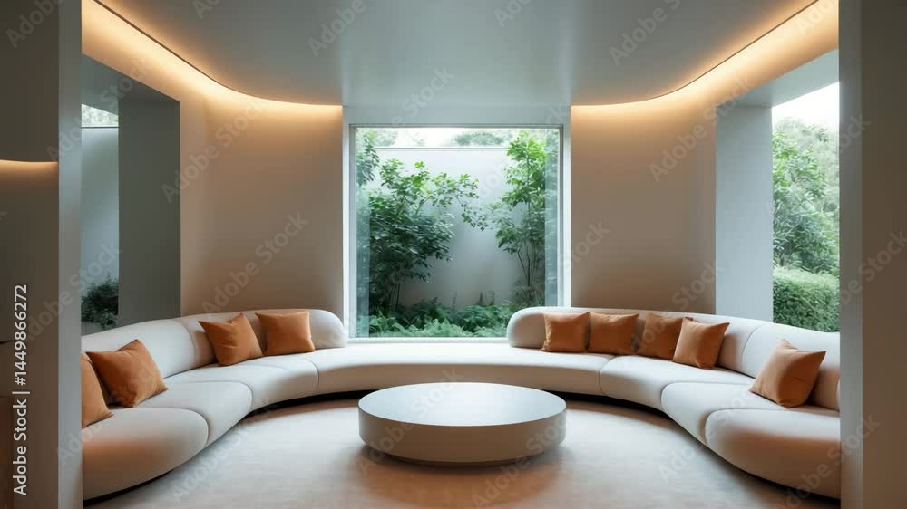 Poster an inviting collaborative setting with generous sofas and a circular coffee table, great for gatheri
