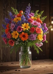 Spring blooms in vibrant bouquet, illuminated by warm lamplight on rustic wood ,  flowers,  floral,  wooden