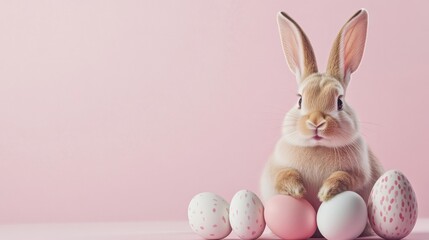 Easter bunny with eggs on pink background