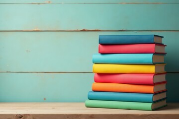 Stack of colorful illustrated books on a shelf with a subtle background pattern of wooden planks, books, decorative, illustrated