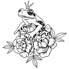 Frog prince on flowers, handdrawn vector illustration. Crown frog sitting on peony flowers.