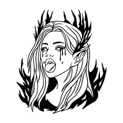 Dark elf girl with flames and dripping eyes, handdrawn vector illustration