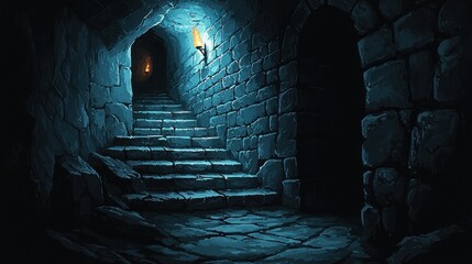 Stone staircase in dark dungeon, lit by wall torches