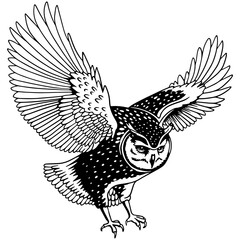 flying owl bird with wings spread, handdrawn vector illustration
