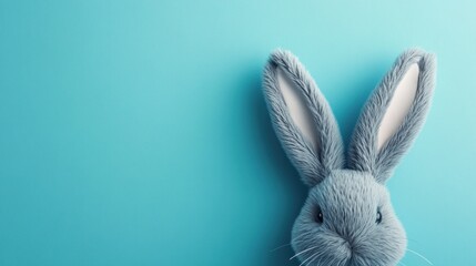 Pastel gray bunny head peeks out against a vibrant blue background