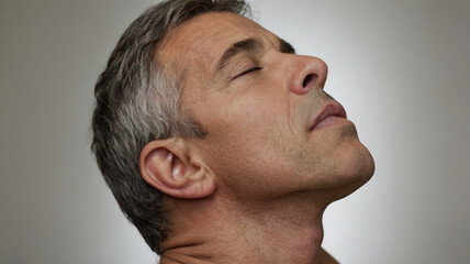 Neck mobility. Gently tilting the head from side to side, shown close-up, with emphasis on relaxing the neck muscles. Human Health. Therapeutic exercise.