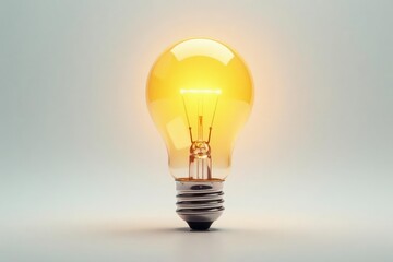 Single lightbulb, glowing brightly on white backdrop, idea, object