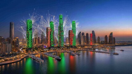 Obraz premium High-rise structures illuminated with festive colors during a nighttime celebration.