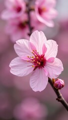 Fototapeta premium Single cherry blossom with soft pink petals and intricate details, detail, bloom, cherry blossoms