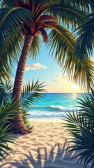 Tropical beach sunset with palm tree and ocean waves