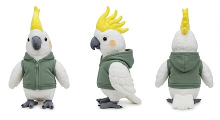 Fototapeta premium Plush sulphur crested cockatoo wearing a green hoodie with a cheerful expression