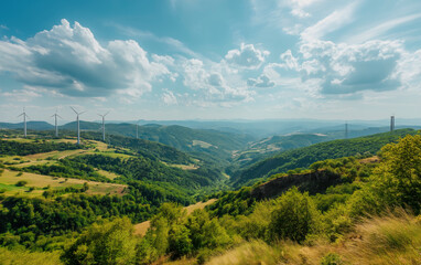 Landscape image of beautiful valley with windmills for energy efficiency concept. Future is green.