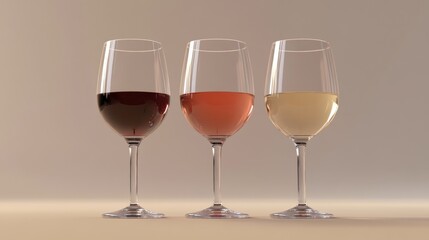 Three wine glasses showcasing red, ros?, and white wines