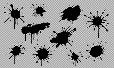 Set of blots, ink splashes. Abstract blot, liquid paint, blotter stains, drip splash, spray. Black drops of paint, oil, ink. Vector liquid silhouettes