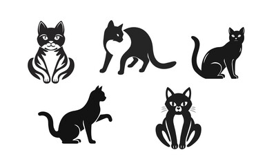 Set of black cat silhouette icons in various poses, cat silhouettes, black cat icons, feline design, pet logo, animal shapes