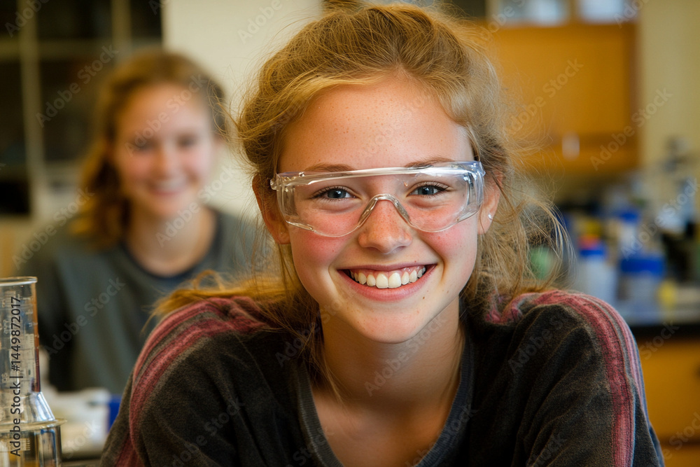 Poster student joyfully conducting research in a laboratory setting during a daytime session