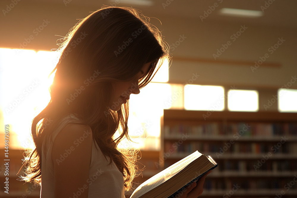 Poster student engrossed in a book while sunlight streams through library windows during late afternoon