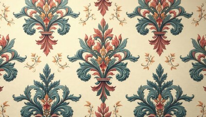 Symmetrical damask pattern with swirling vines and leaves in muted tones , vines, home