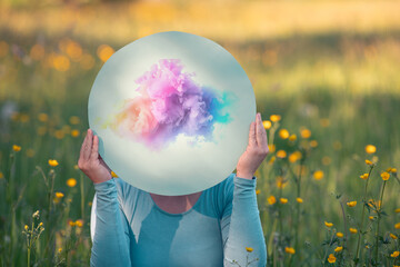 State of mind, colorful creative cloud, spring meadow, positive thoughts, emotion and attitude,...