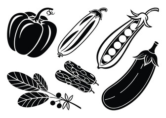 Vegetable icons set, black and white illustration