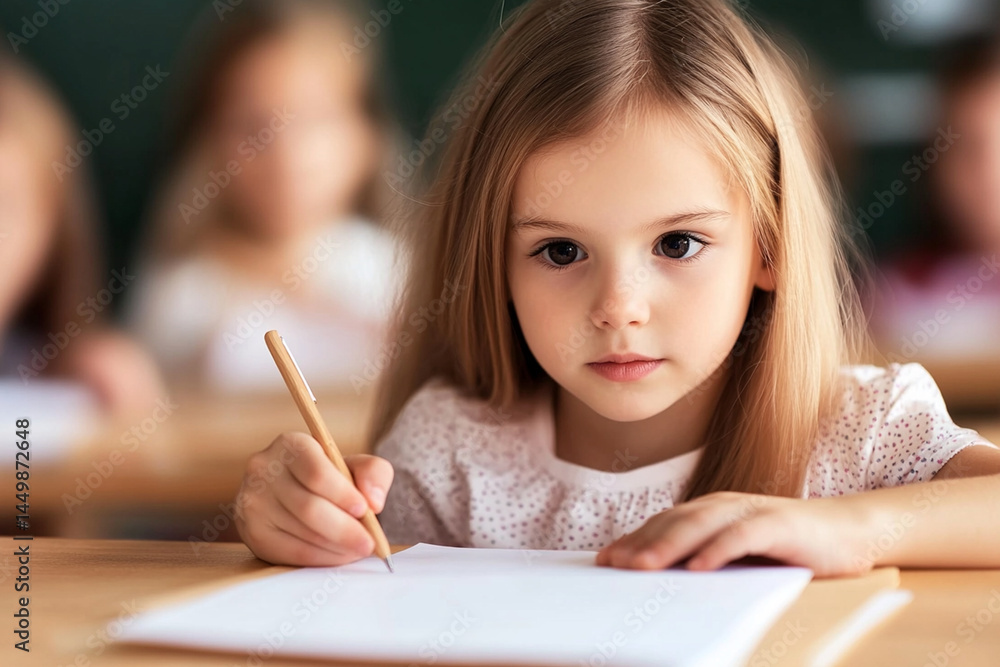 Poster teacher grading student assignments at a chaotic desk surrounded by papers in a classroom during sch