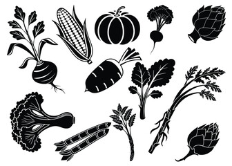 Collection of Black and White Vegetable Silhouettes