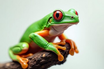 Fototapeta premium Green tree frog perched on white, vibrant color , wildlife photography, biology