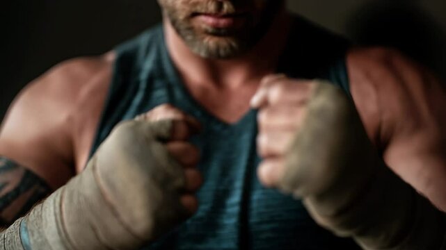 Muscular male fighter with hand wraps poses in boxing stance, focused determination in dark gym &ndash; strength, training, and discipline concept