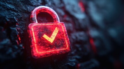 Red glowing padlock with check mark on dark textured background security concept.
