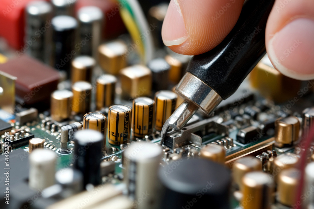 Poster technician assembles electronic components in a workshop during a busy workday