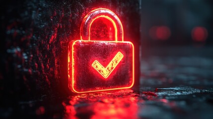 Glowing red padlock with checkmark symbol on dark textured surface security concept.