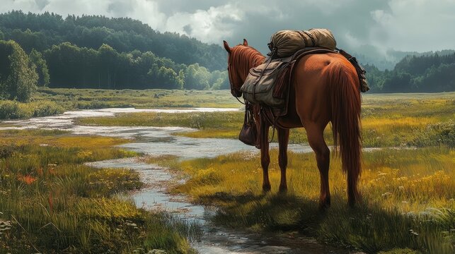 pack horse by the river in summer
