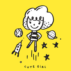 Cute doodle cartoon hand drawn girl illustration ,Cute doodle girl, cute  girl