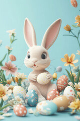 Obraz premium Cute bunny holding a decorated egg surrounded by colorful eggs and flowers in a spring setting