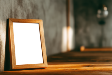 Empty wooden picture frame leaning against a neutral wall, with warm interior lighting casting a cozy ambiance, soft focus background highlighting the simple elegance of home decor and inviting atmosp