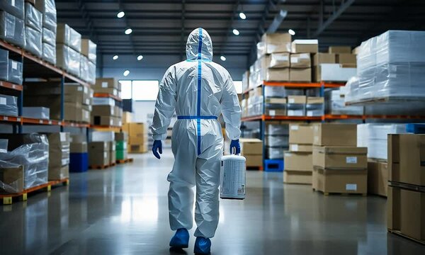 Person in full hazmat suit carrying case inside large warehouse with cardboard boxes and shelves under cold industrial lighting, sterile logistics concept