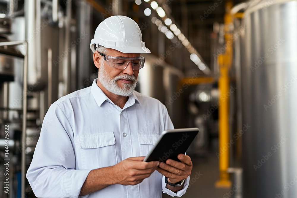 Aufkleber worker inspects high-tech manufacturing process with tablet in advanced facility setting
