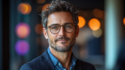 A sophisticated man wearing glasses poses confidently in a well-lit modern setting, looking at the camera.