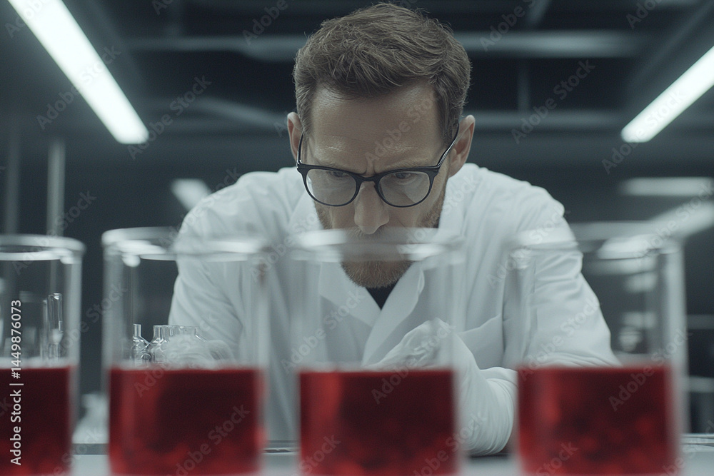 Poster lab worker inspects mineral samples in a modern laboratory environment with red solutions