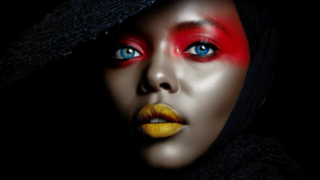 Artistic close-up of woman with bold makeup and hat, dramatic fashion portrait explores beauty, identity, and self-expression