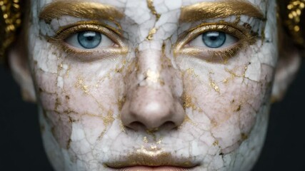 Closeup of blue-eyed person with cracked marble skin and gold accents, surreal beauty inspired by kintsugi – transformation, resilience, and artistic identity