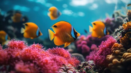 Naklejka premium Orange fish swim near pink coral in a blue underwater environment.