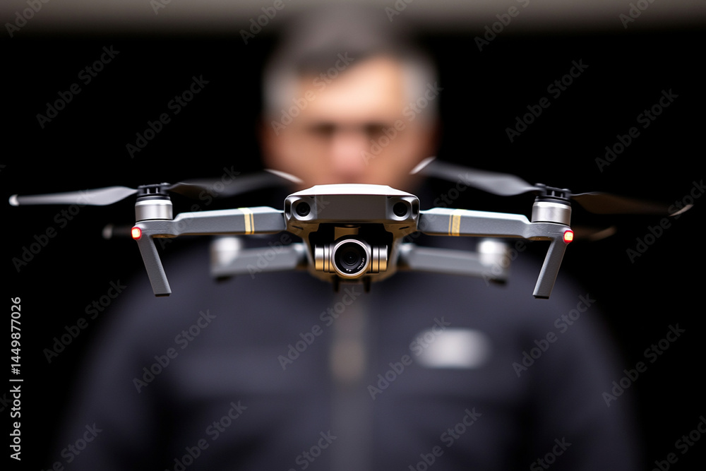 Poster worker conducts drone test in tech lab, showcasing innovation and engineering skill in controlled en
