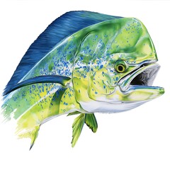 Close up of a Mahi Mahi, vibrant tropical fish illustration.
