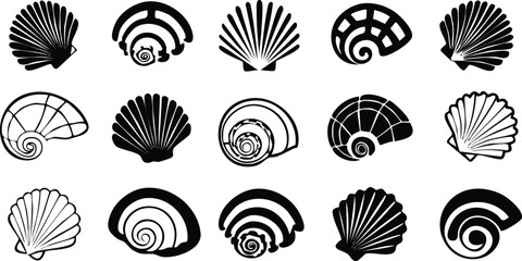 Vector Collection of Black and White Seashell Silhouettes Including Scallop, Nautilus, Conch, and Clam Shells – Simplified Ocean Designs for Coastal and Beach-Themed Projects

